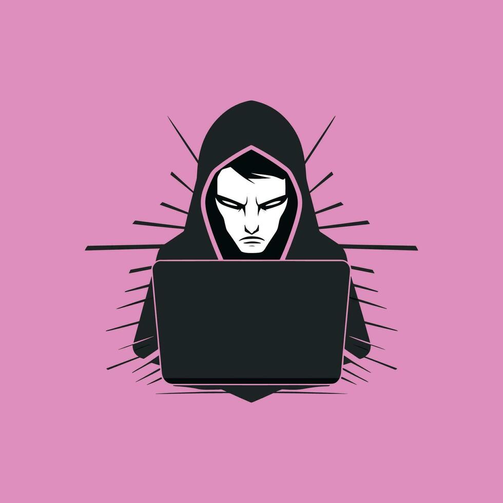 hacker met laptop computer Aan roze achtergrond vector