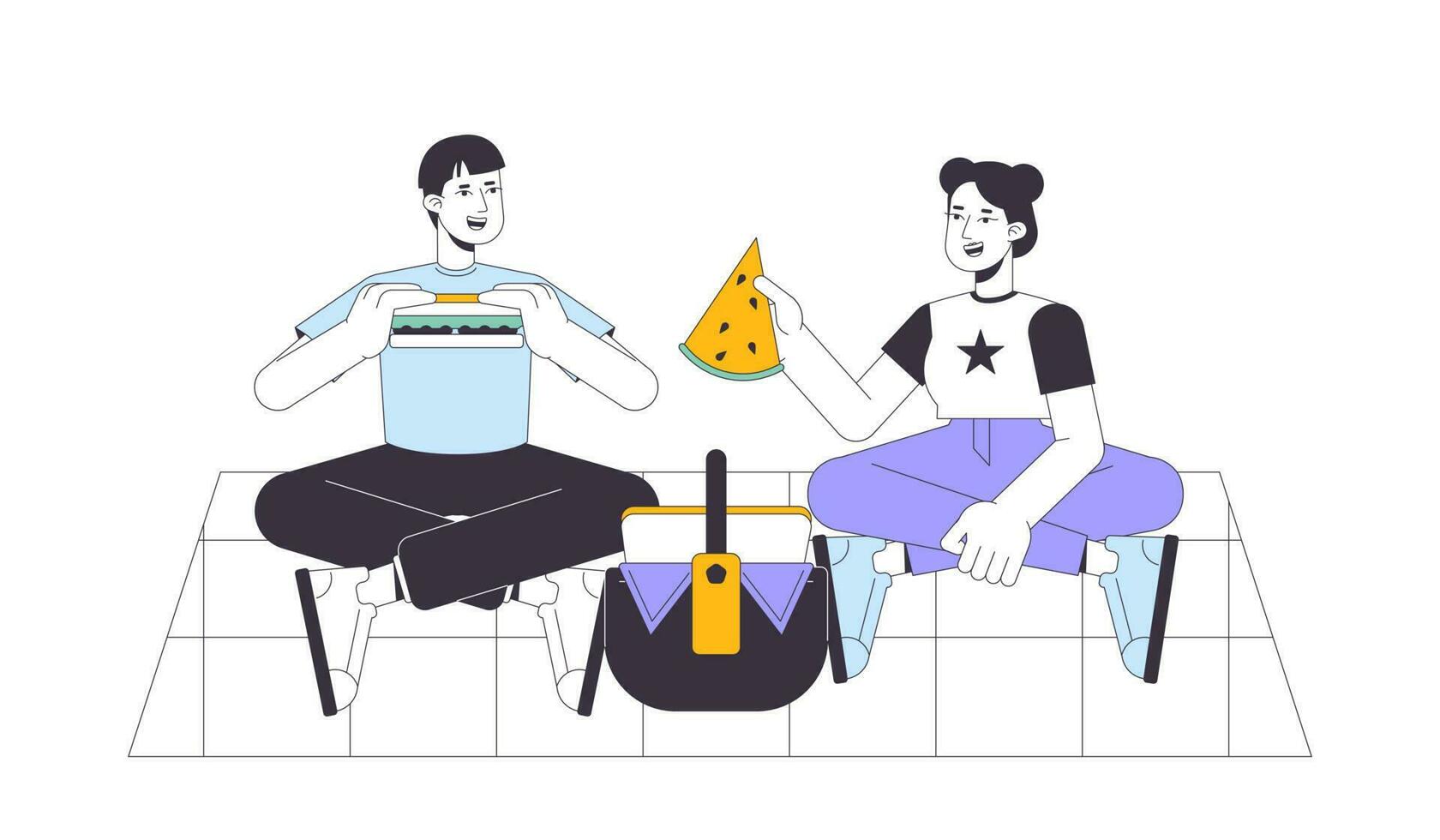 zomer picknick vlak lijn vector plek illustratie. vrienden aan het eten voedsel buitenshuis 2d tekenfilm schets tekens Aan wit voor web ui ontwerp. genieten zomer breken bewerkbare geïsoleerd kleurrijk held beeld