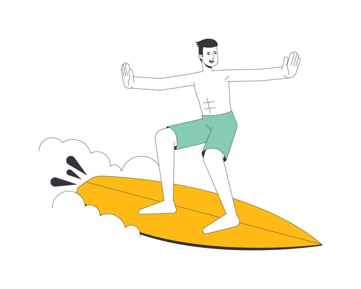 surfer Mens Aan Golf vlak lijn vector plek illustratie. Aziatisch mannetje met surfing bord 2d tekenfilm schets karakter Aan wit voor web ui ontwerp. surfen welle bewerkbare geïsoleerd kleurrijk held beeld