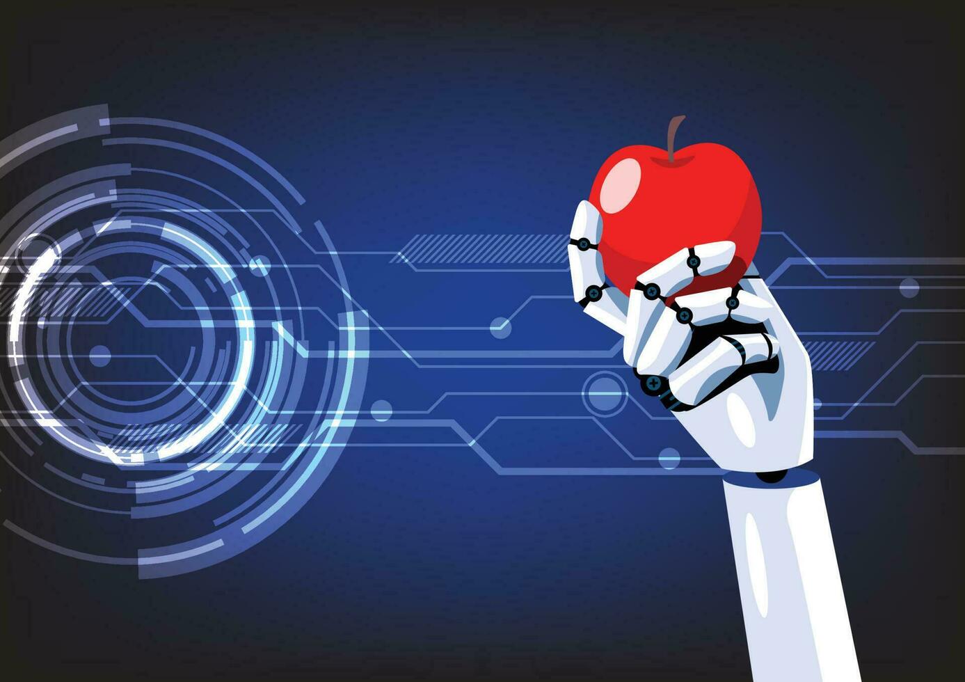 robot hand- is Holding een appel Aan abstract technologie achtergrond vector