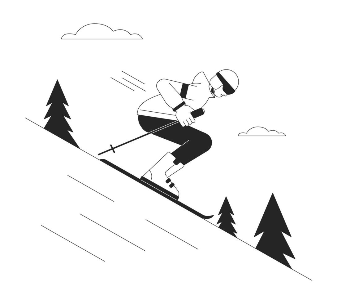 skiën bergafwaarts bw vector plek illustratie. freeskier Holding ski stokjes 2d tekenfilm vlak lijn monochromatisch karakter voor web ui ontwerp. skiën toevlucht bewerkbare geïsoleerd schets held beeld