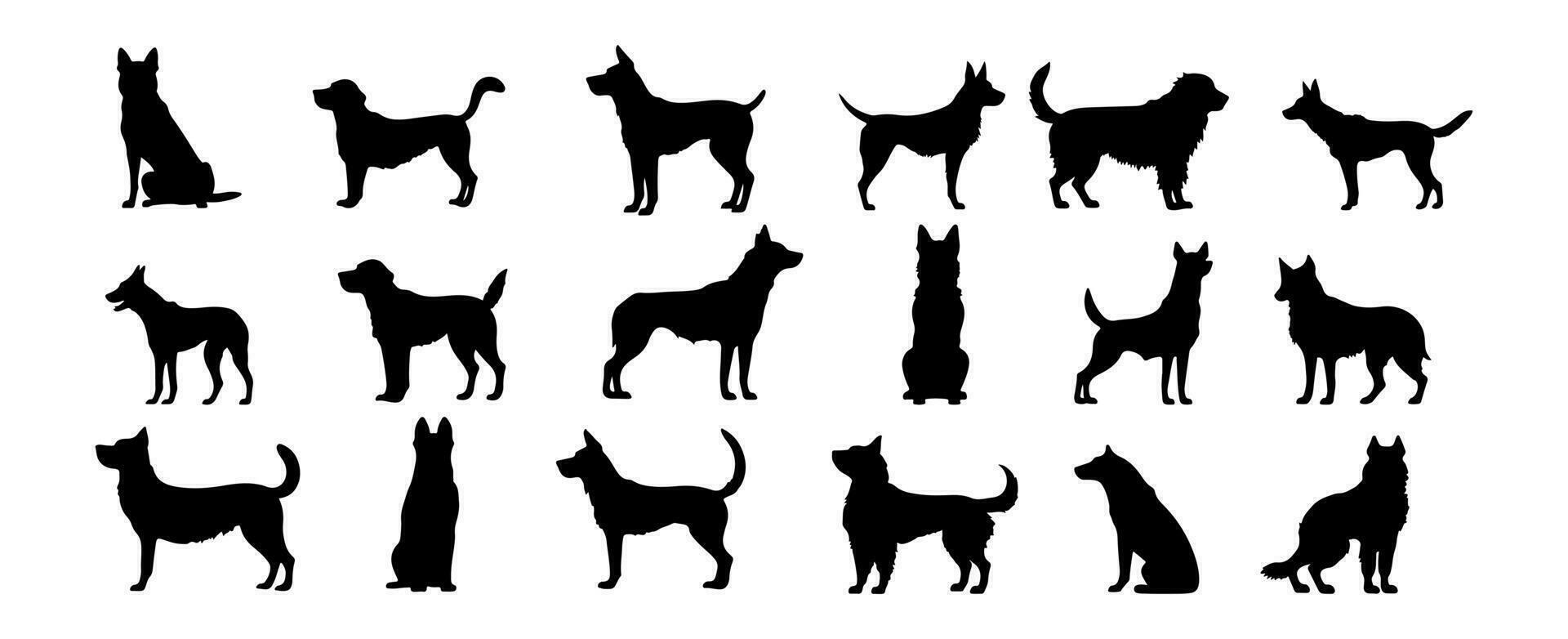 verzameling van hond silhouetten geïsoleerd Aan wit achtergrond. zwart puppy staand poses icoon vorm ontwerp vector illustratie