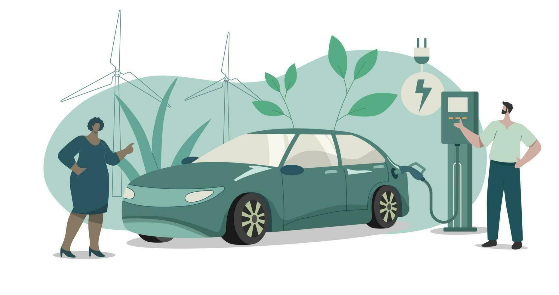 eco vriendelijk duurzaam, elektrisch auto opladen station, schoon groen energie van hernieuwbaar bronnen concept. vector ontwerp illustratie.