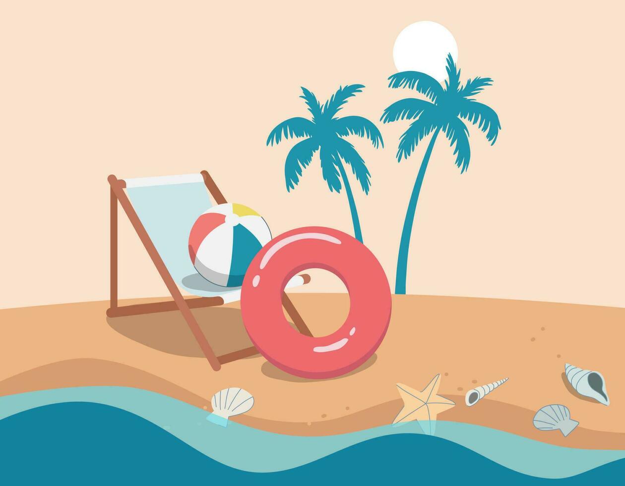 gelukkig zomer achtergrond, strand stoel met een bal, rood opblaasbaar ring, zee schelp Aan de strand. vector ontwerp illustratie.