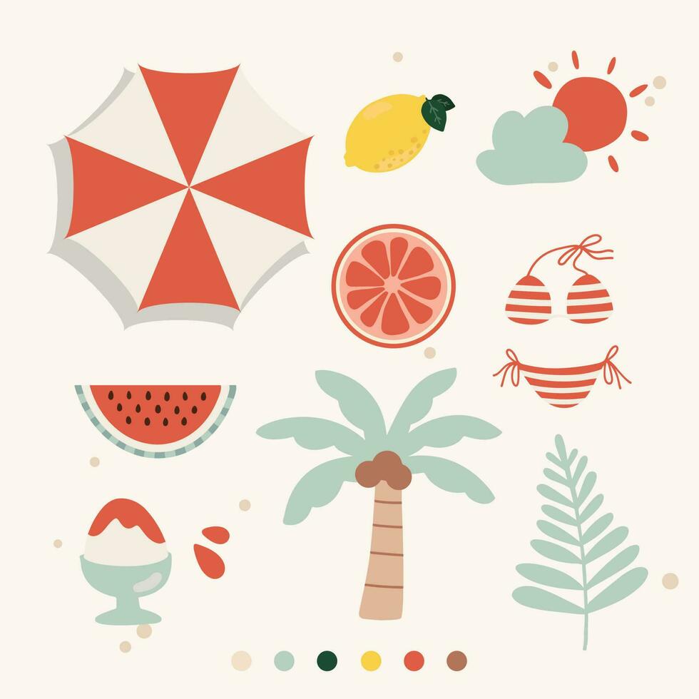 hand- getrokken vector illustratie van zomer vakantie uitstraling sticker pak. schattig vakantie elementen tekening