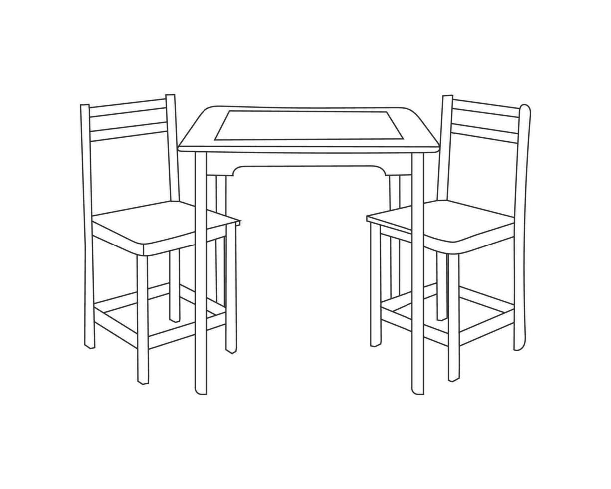 houten stoelen en tafel set, hand- getrokken lijn kunst met wit achtergrond vector