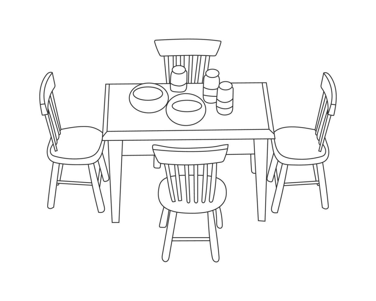 houten stoelen en tafel set, hand- getrokken lijn kunst met wit achtergrond vector