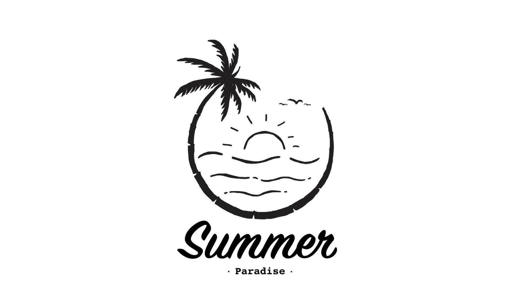 zomervakantie op tropisch strand zonsondergang label, met palmbomen, vectorillustratie vector