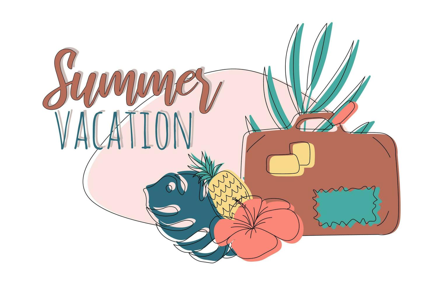 vector zomer tekenfilm illustratie met koffer, tropisch bladeren, ananas en hibiscus bloem en belettering zomer vakantie. voor afdrukken, poster, ontwerp en kaart.