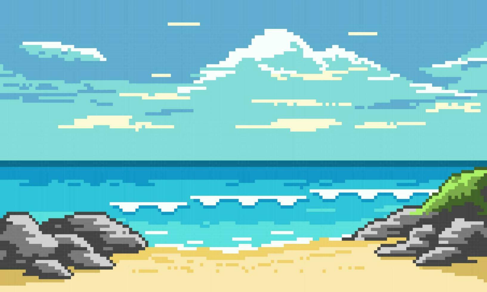 pixel tropisch strand met golven achtergrond. leeg geel zanderig strand met grijs stenen en groen vegetatie. pluizig blauw wolken in lucht en wit surfen schuim in vector oceaan