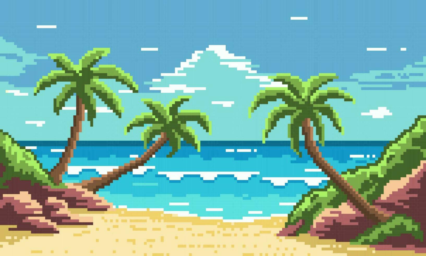 pixel tropisch strand met palm bomen achtergrond. blanco geel zanderig strand met grijs stenen en groen gras. pluizig blauw wolken in lucht en wit surfen schuim in vector oceaan