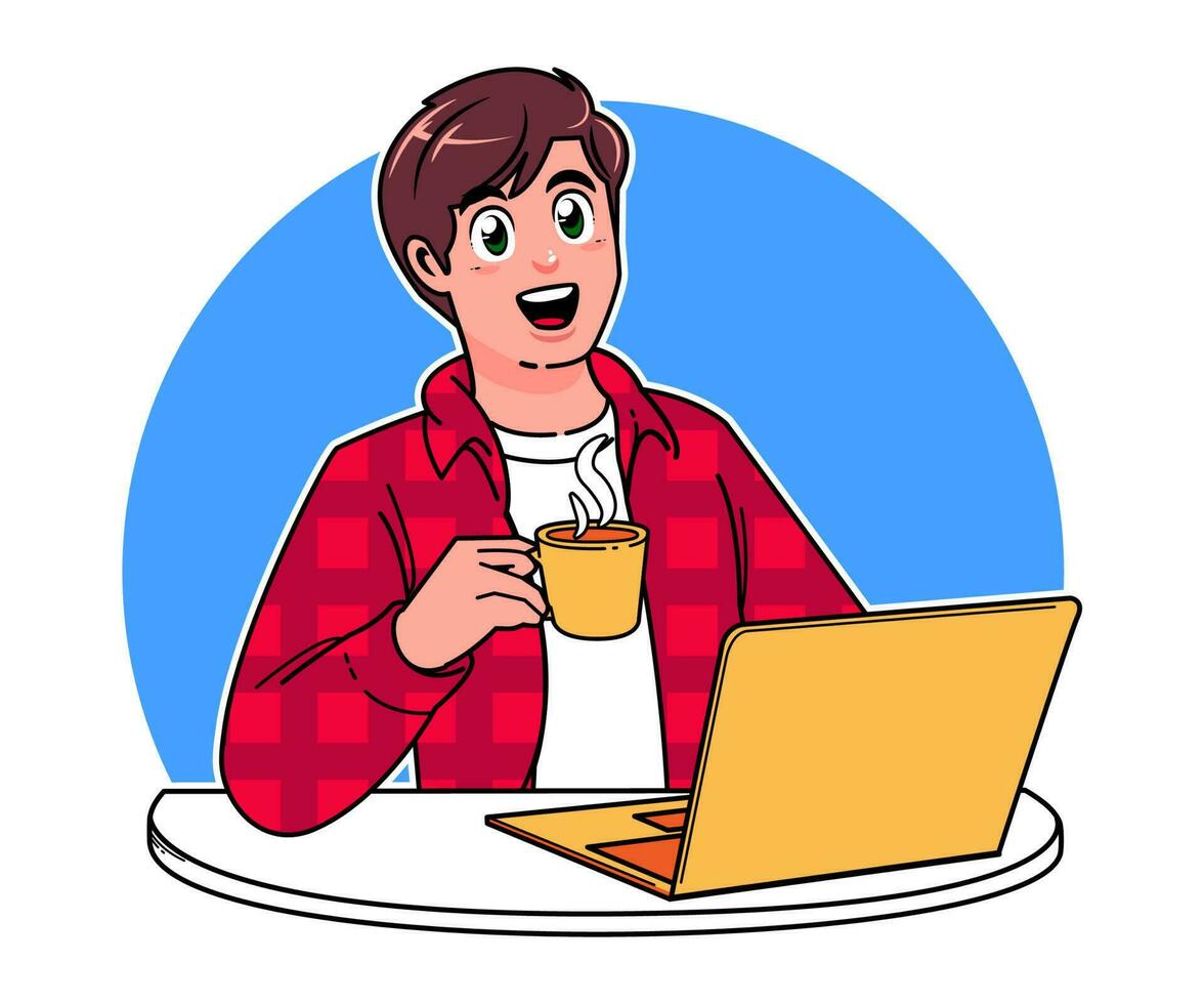 een gefocust Mens werken Aan een laptop met een kop van koffie vector