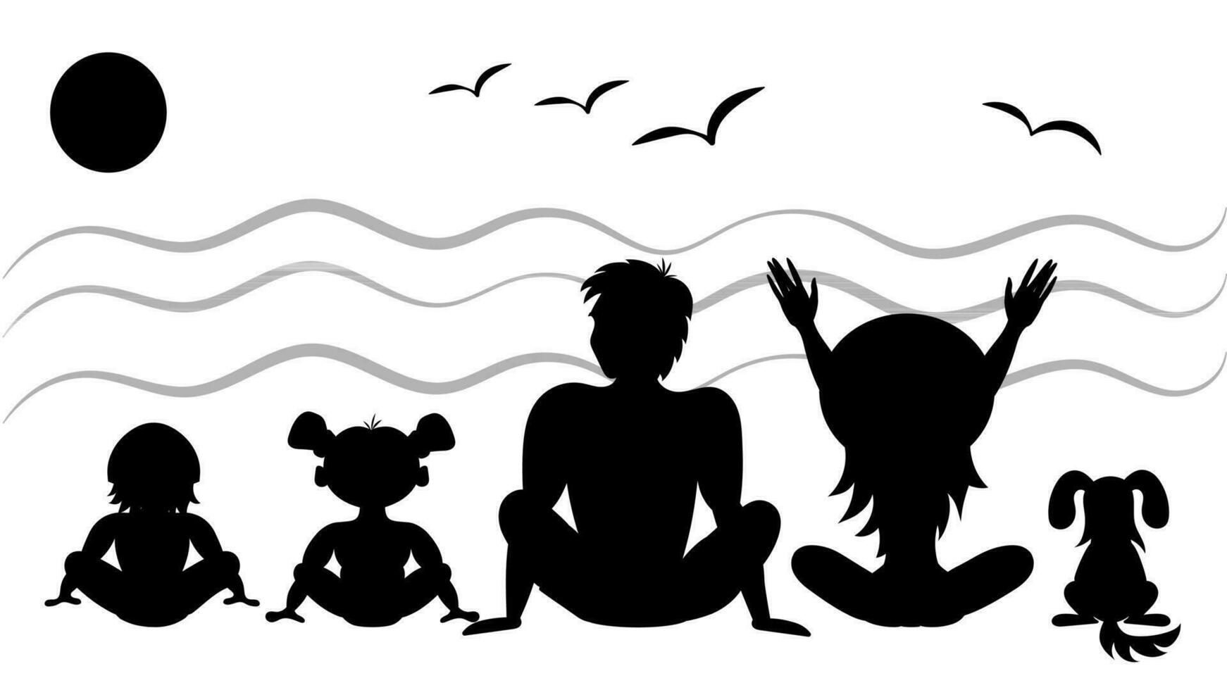 zwart en wit silhouet van een familie vakantie Aan de strand. pa, mama, zoon, dochter, en hond zittend Aan de strand aan het kijken de zonsondergang. terug visie. vector