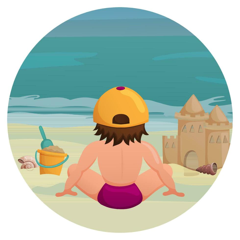 kind Aan de strand gebouwd zand kasteel. weinig jongen zit Aan de strand. terug visie. vector illustratie. tekenfilm.