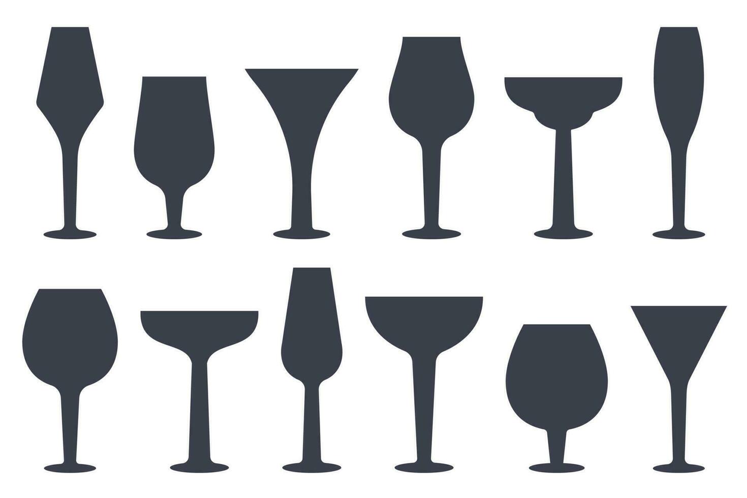 reeks van silhouetten glas leeg bril geïsoleerd. glaswerk van verschillend vormen voor alcohol drank en cocktail. gereedschap voor Champagne, wijn, brandewijn, whisky, cognac, gin. vector vlak illustratie