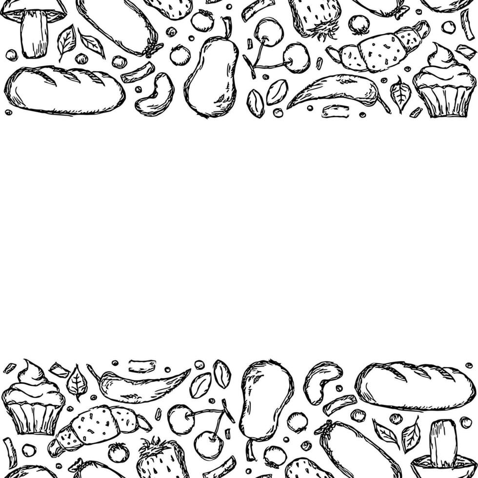 getrokken voedsel achtergrond. tekening voedsel illustratie met plaats voor tekst vector