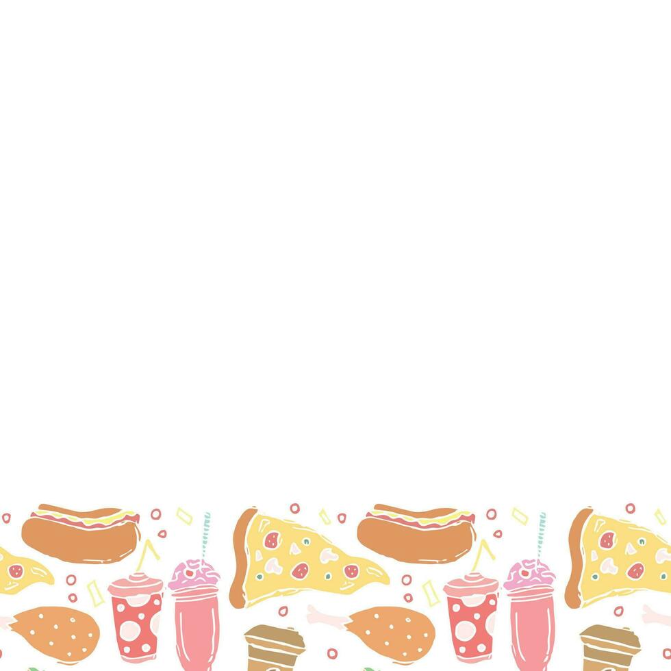 snel voedsel achtergrond met plaats voor tekst. tekening Fast food pictogrammen. getrokken voedsel illustratie vector