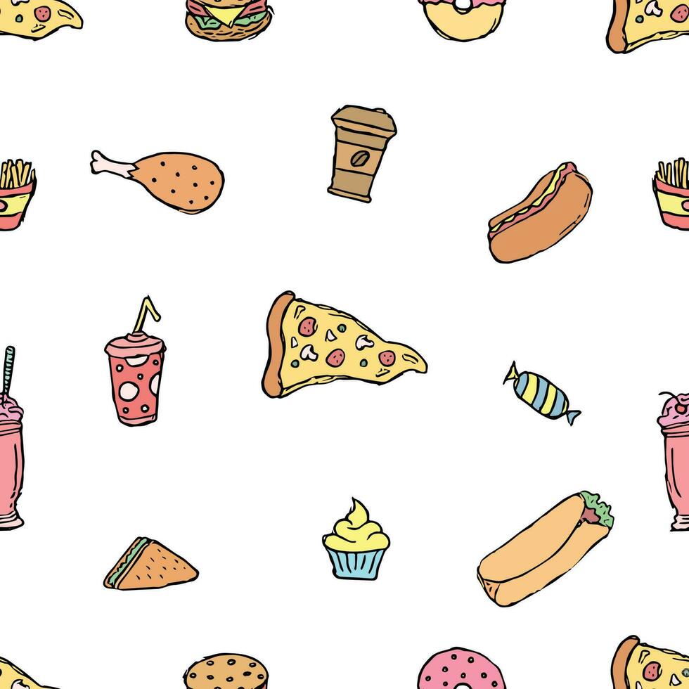 naadloos snel voedsel patroon. snel voedsel achtergrond. tekening Fast food pictogrammen. getrokken voedsel patroon vector