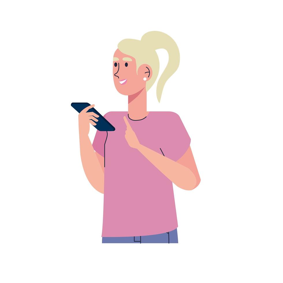 jonge blonde vrouw met behulp van smartphone vector