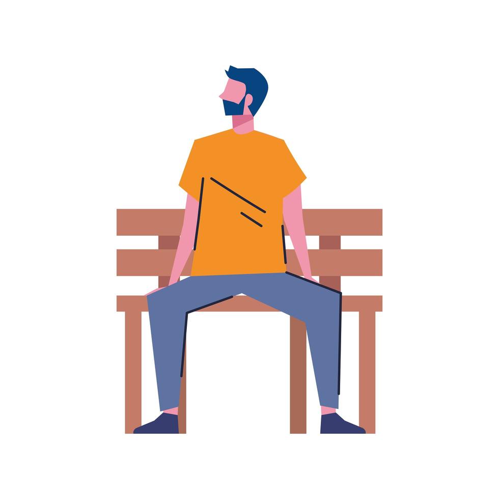 jonge man zittend in houten bank park karakter vector