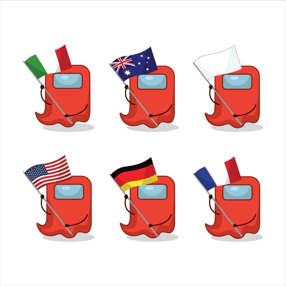geest tussen ons rood tekenfilm karakter brengen de vlaggen van divers landen vector