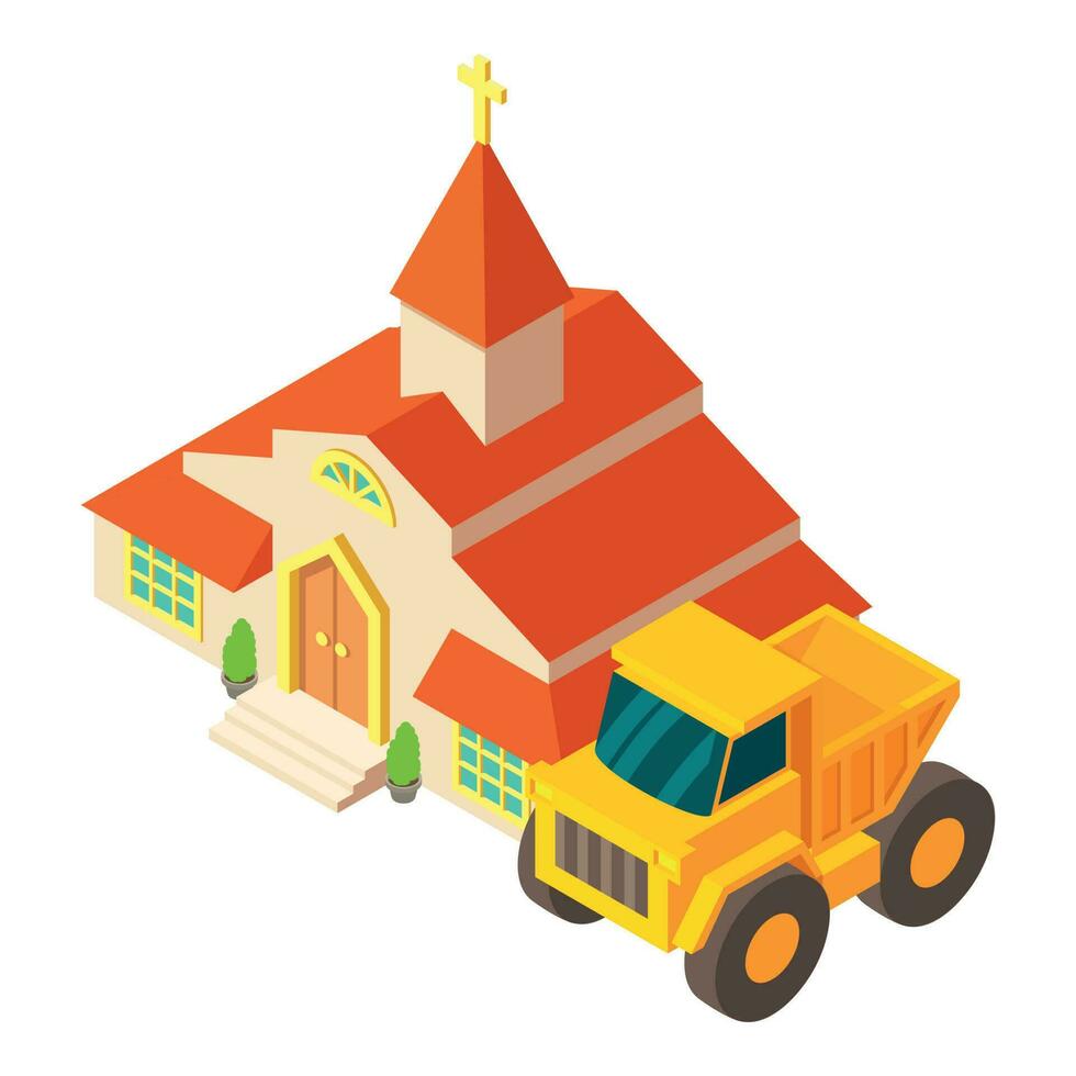 kerk gebouw icoon isometrische vector. industrieel kipwagen in de buurt christen kerk vector