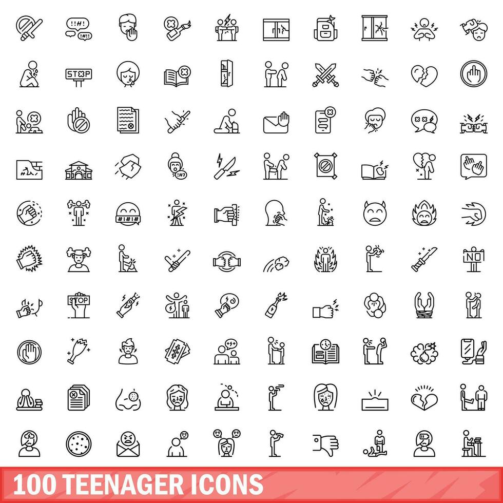 100 tiener pictogrammen set, schets stijl vector