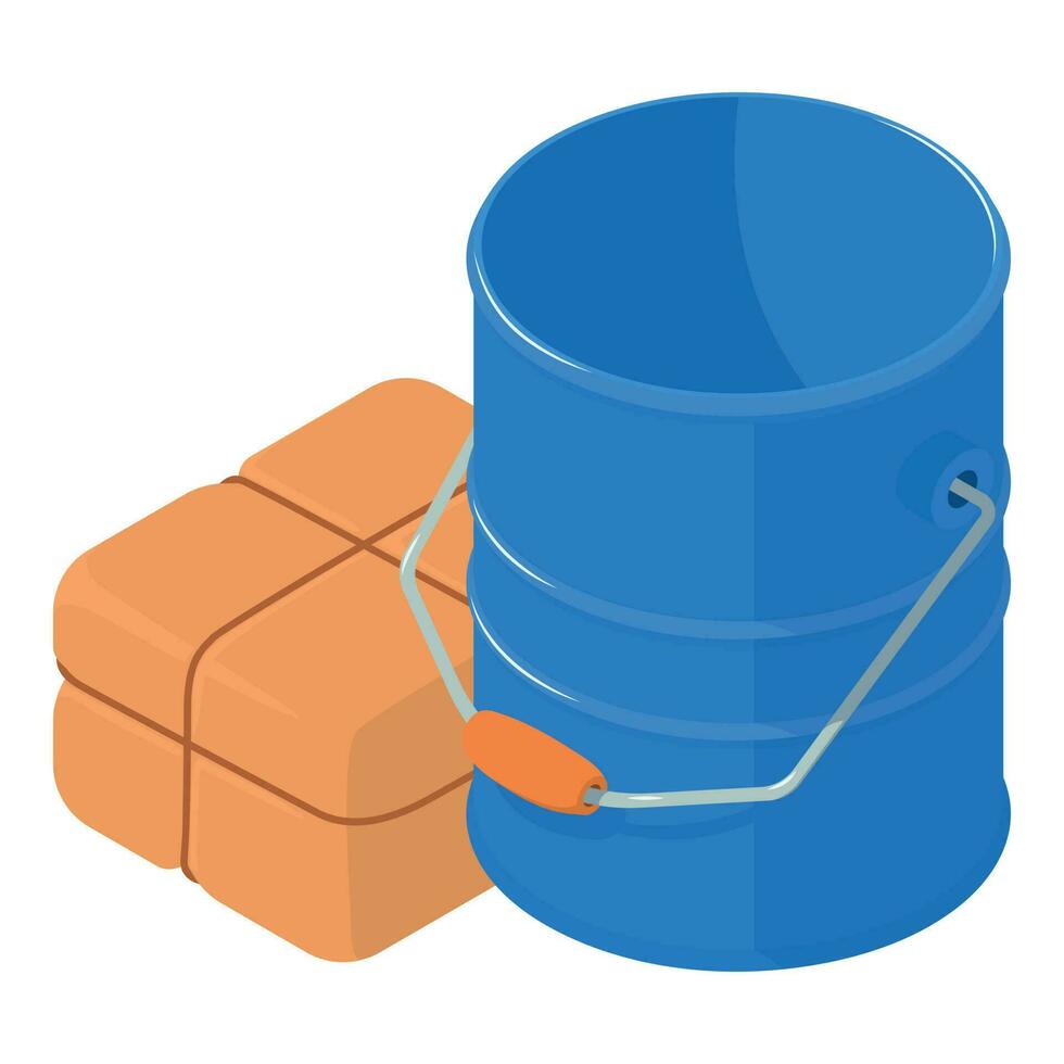 brand uitrusting icoon isometrische vector. blauw metaal leeg zand emmer en pakket vector