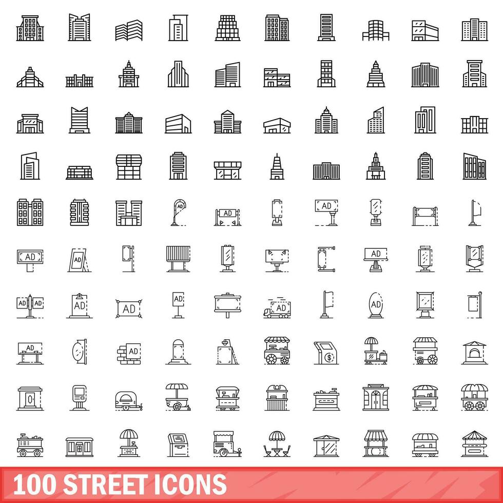 100 straat pictogrammen set, schets stijl vector