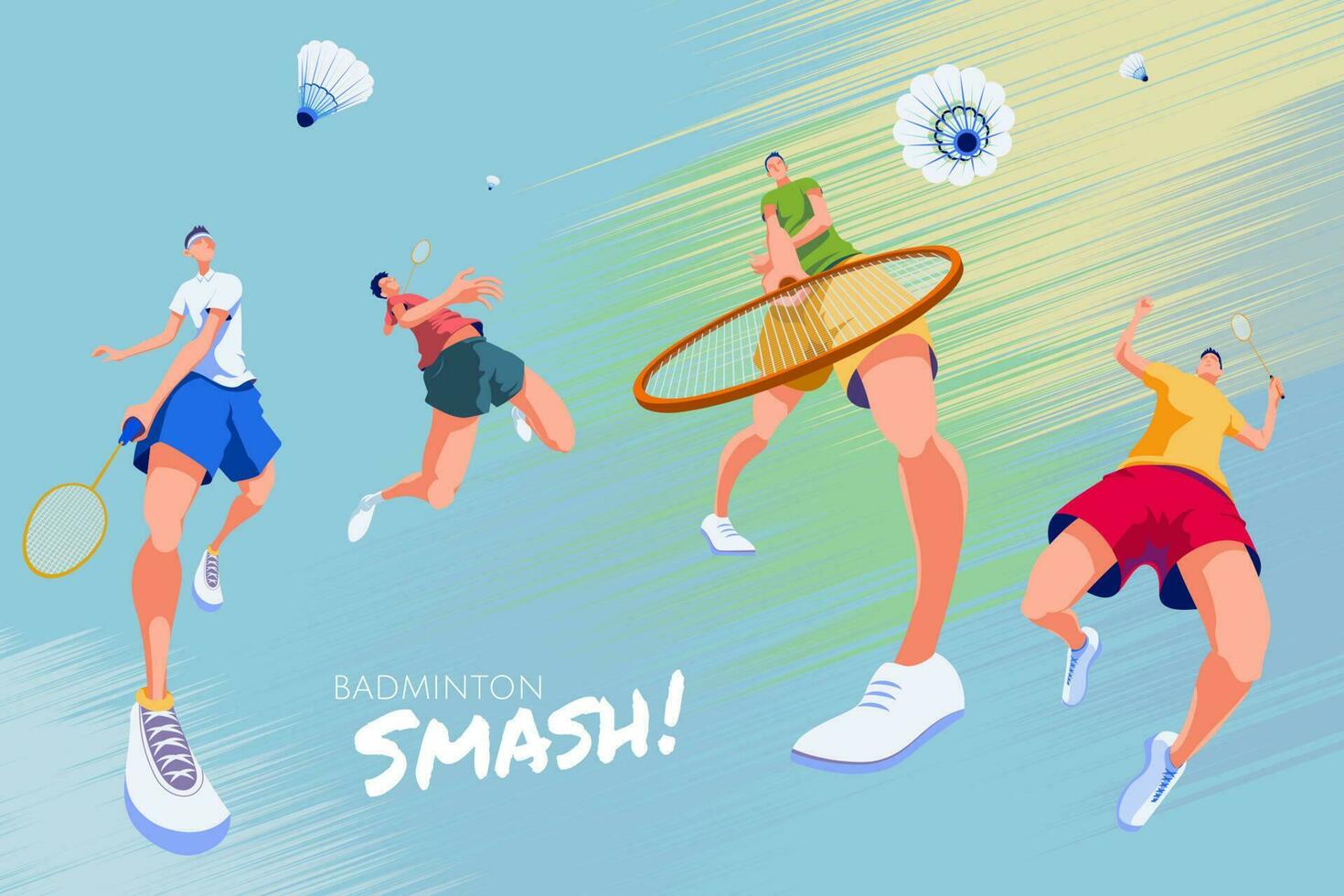 badminton Promotie poster, ontworpen met vier energiek spelers aan het doen verschillend soort van stakingen Aan abstract achtergrond vector