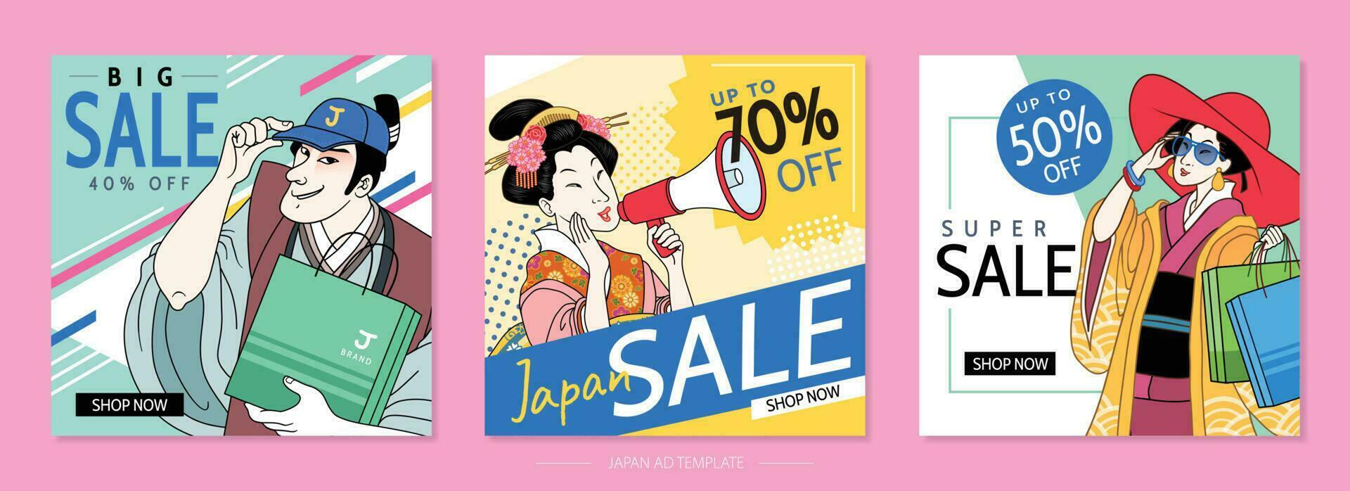 mode ukiyo-e boodschappen doen seizoen advertentie Sjablonen set, mensen Holding boodschappen doen Tassen en megafoon vector