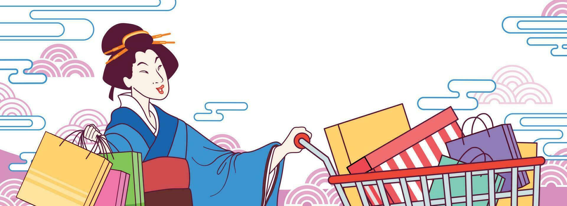ukiyo-e blauw kimono vrouw voortvarend boodschappen doen kar vol van geschenk dozen en producten, Japan boodschappen doen festival banier met copyspace vector