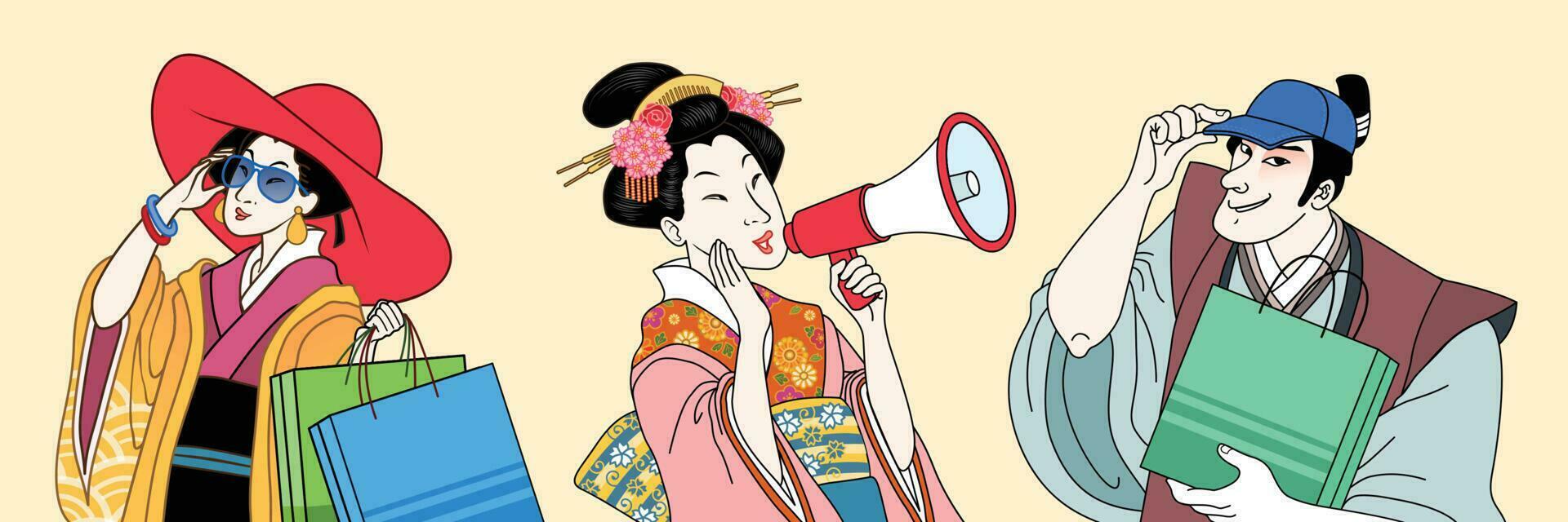 mode ukiyo-e mensen Holding boodschappen doen Tassen en megafoon Aan licht geel achtergrond vector