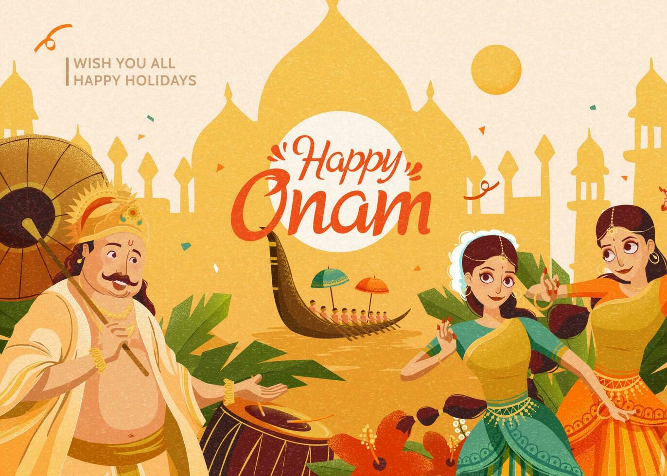 gelukkig onam viering met mahabali koning en dansers Aan chroom geel architectuur silhouet achtergrond vector