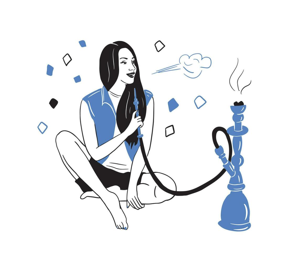 meisje zittend en roken een waterpijp.café hookah balk.vector grafiek vector