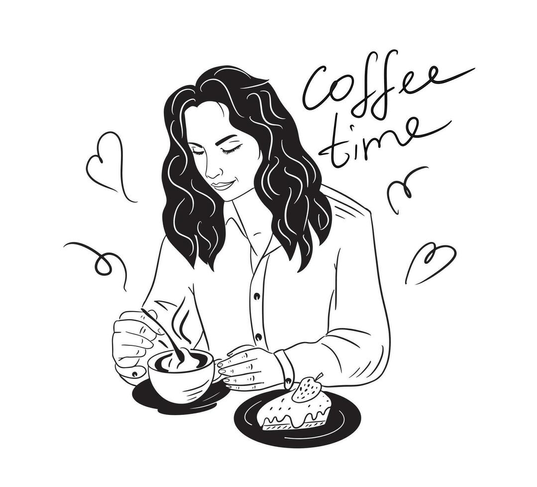 de meisje drankjes koffie en eet een taart Bij de tafel.koffie tijd, koffie winkel.vector illustratie. vector