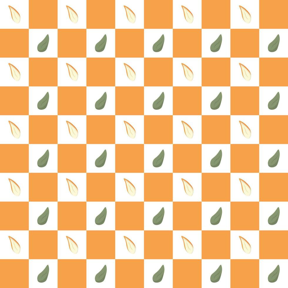 hand- getrokken naadloos patroon groen en oranje bladeren verschillend vormen Aan schaakbord. vector vlak illustraton
