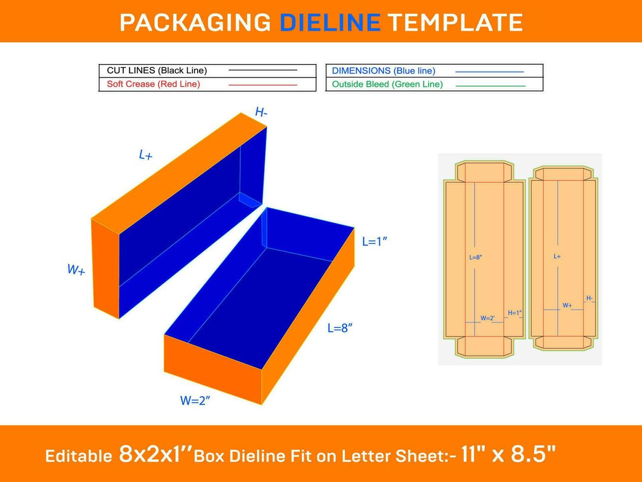 rechthoek gegolfd geschenk doos 8x2x1 inch dieline sjabloon vector