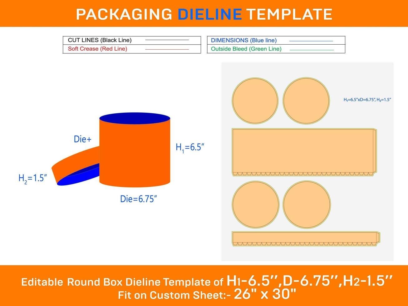 papier doos, ronde deksel geschenk doos dieline sjabloon met de dimensie h1 6.5xd 6.75xh2 1.5 inch vector