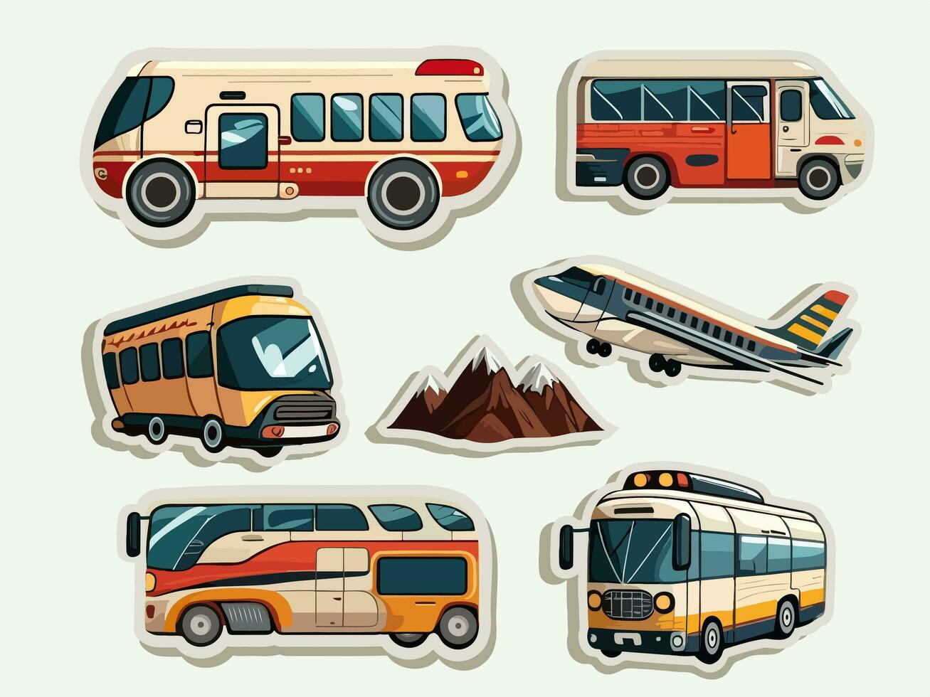 verzameling van vervoer Leuk vinden net zo bus, vliegtuig en berg pictogrammen in sticker stijl. vector