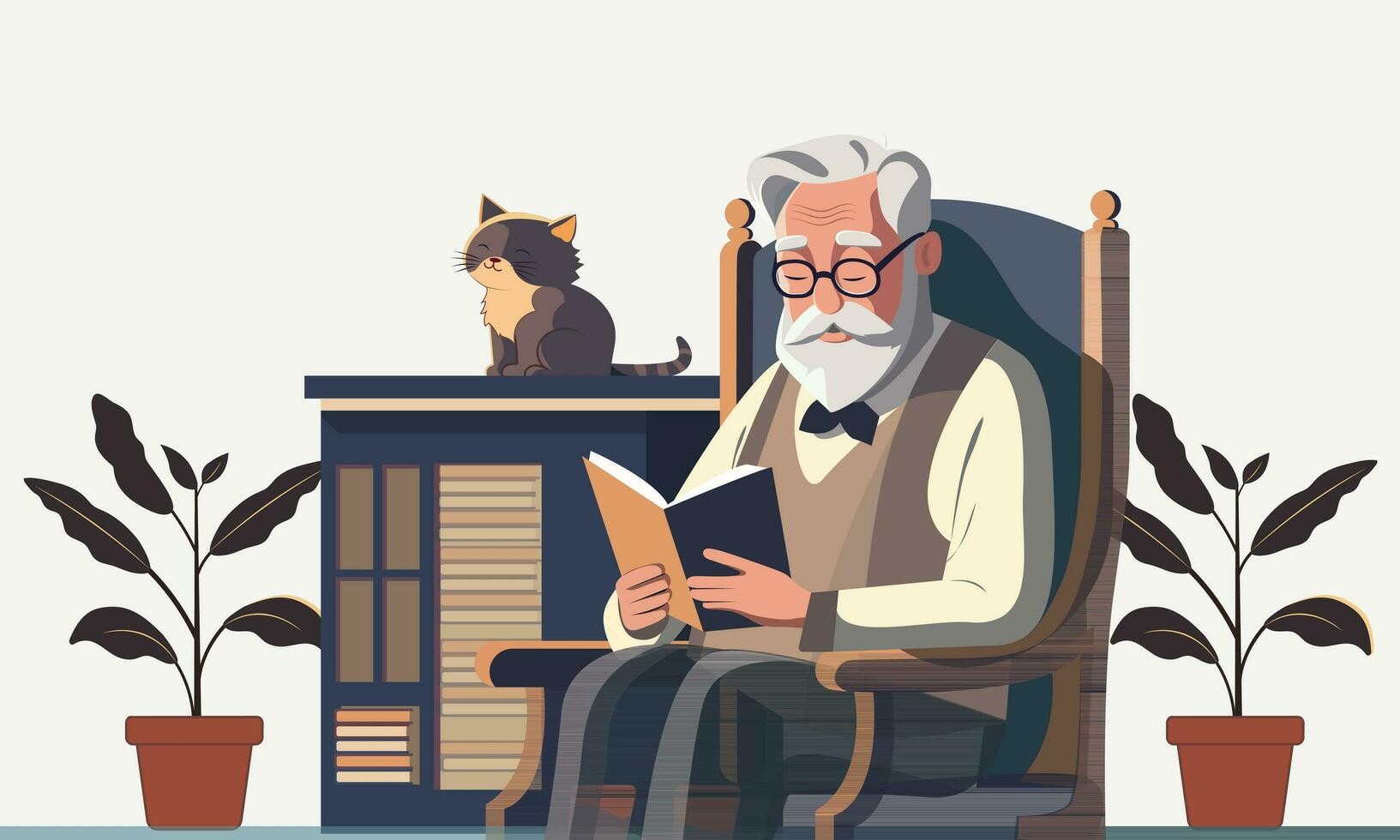 ouderen Mens karakter lezing boek Aan stoel, fabriek potten en kat zittend Bij boekenkasten illustratie. vector