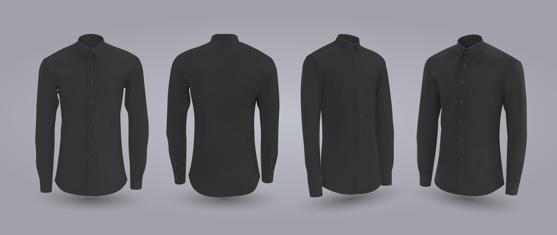 zwart mannelijk overhemd met lange en korte mouwen en knopen vooraan achter- en zijaanzicht geïsoleerd op een grijze achtergrond 3D-realistische vector illustratie patroon formeel of casual shirt