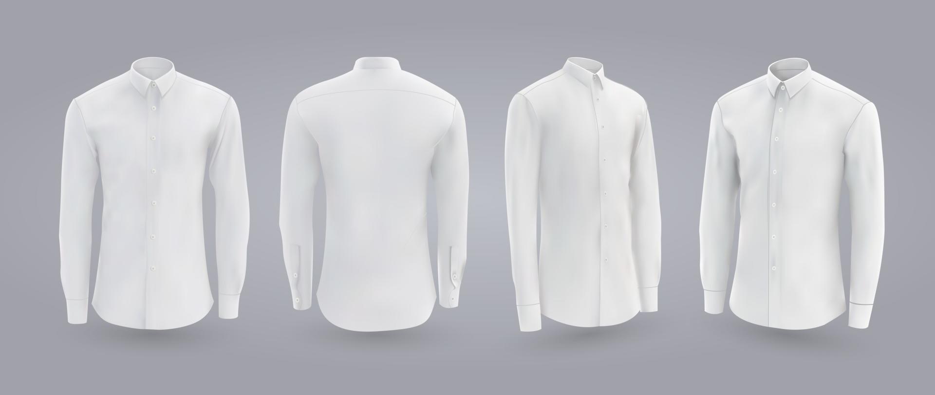 wit mannelijk overhemd met lange en korte mouwen en knopen vooraan achter- en zijaanzicht geïsoleerd op een grijze achtergrond 3D-realistische vector illustratie patroon formeel of casual shirt