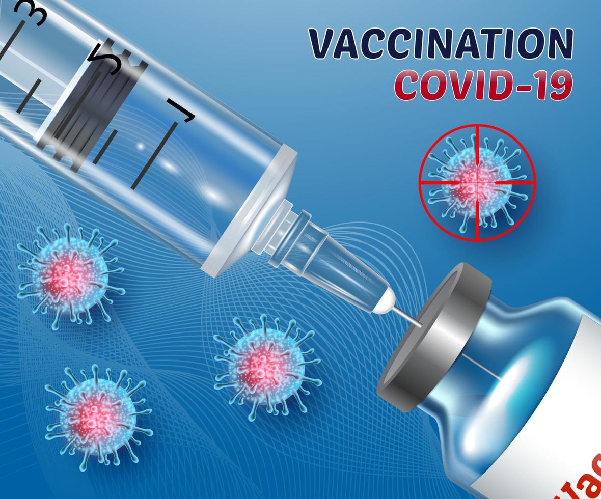 banner vaccinatie tegen coronavirus covid 19 ampullen vaccin flesjes spuit met injectie 3D-realistische vector illustratie