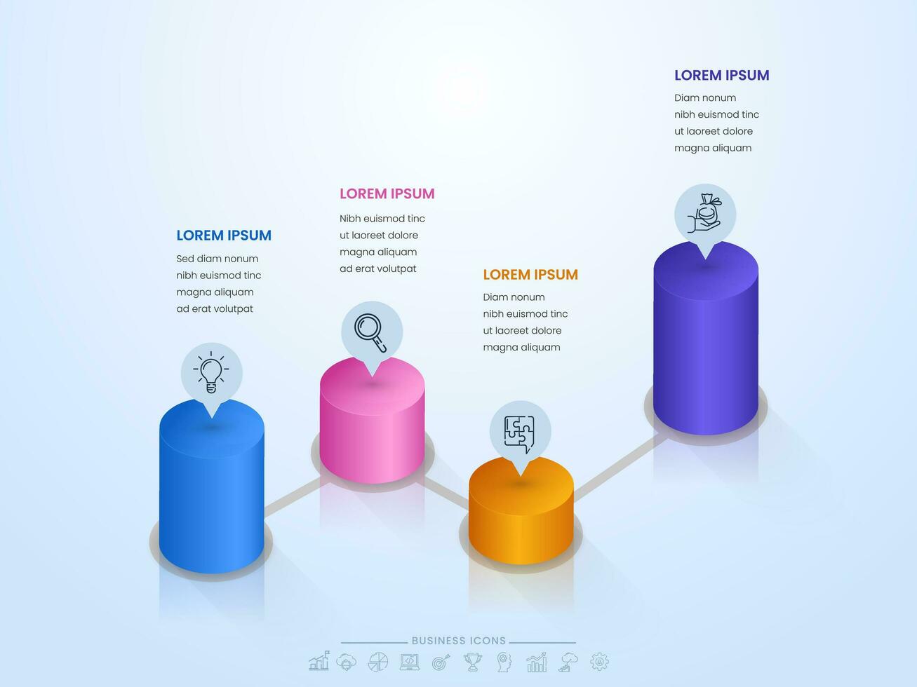 3d vier cilinder podium van verschillend maten met dun lijn pictogrammen tegen pastel blauw achtergrond. bedrijf infographics concept. vector