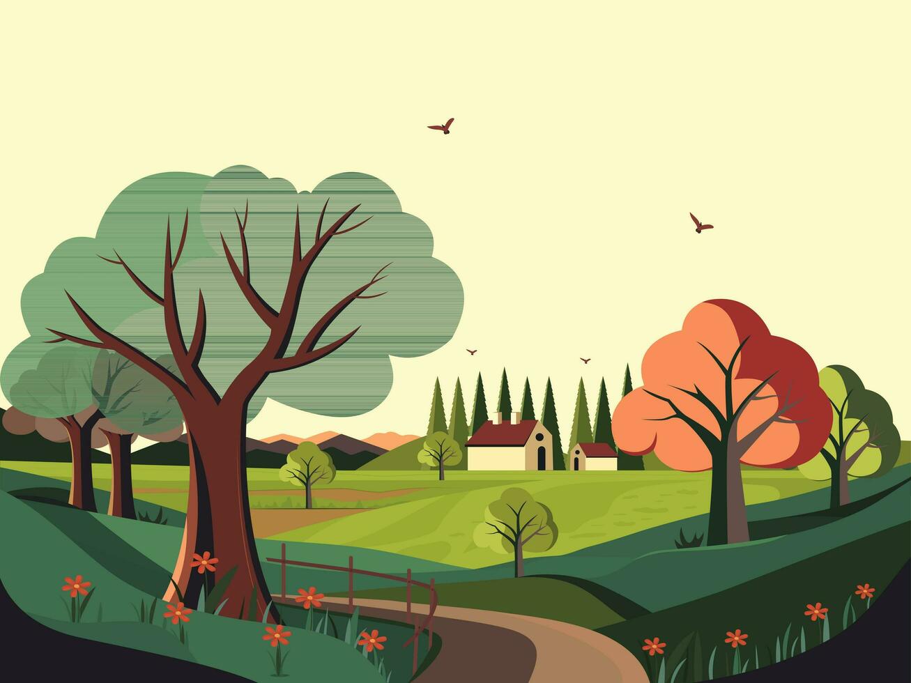natuur landschap achtergrond met bergen, bomen, pad, vliegend vogelstand en huisje illustratie. vector