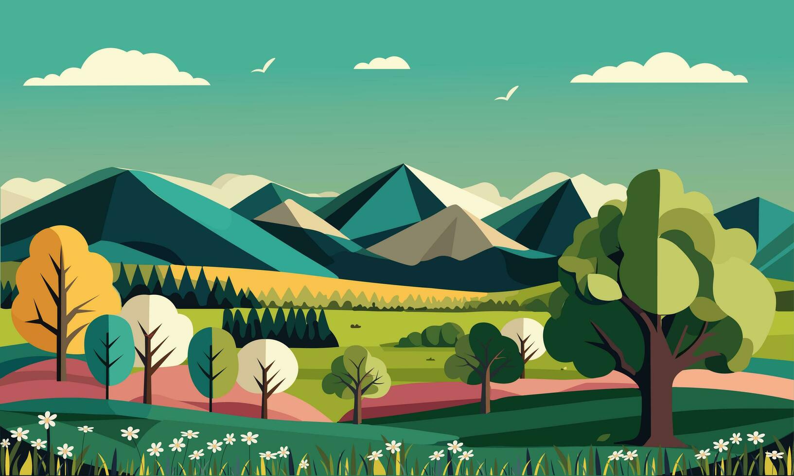 kleurrijk natuur landschap achtergrond met bergen, bomen en bloemen. vector