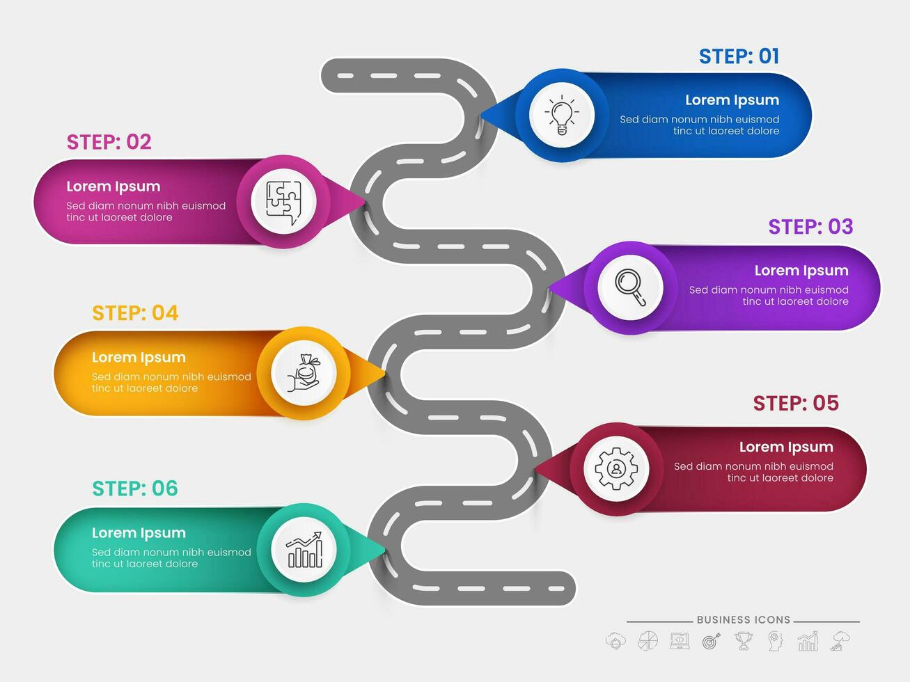 routekaart tijdlijn infographic verslag doen van presentatie met bedrijf 6 pictogrammen en opties. vector