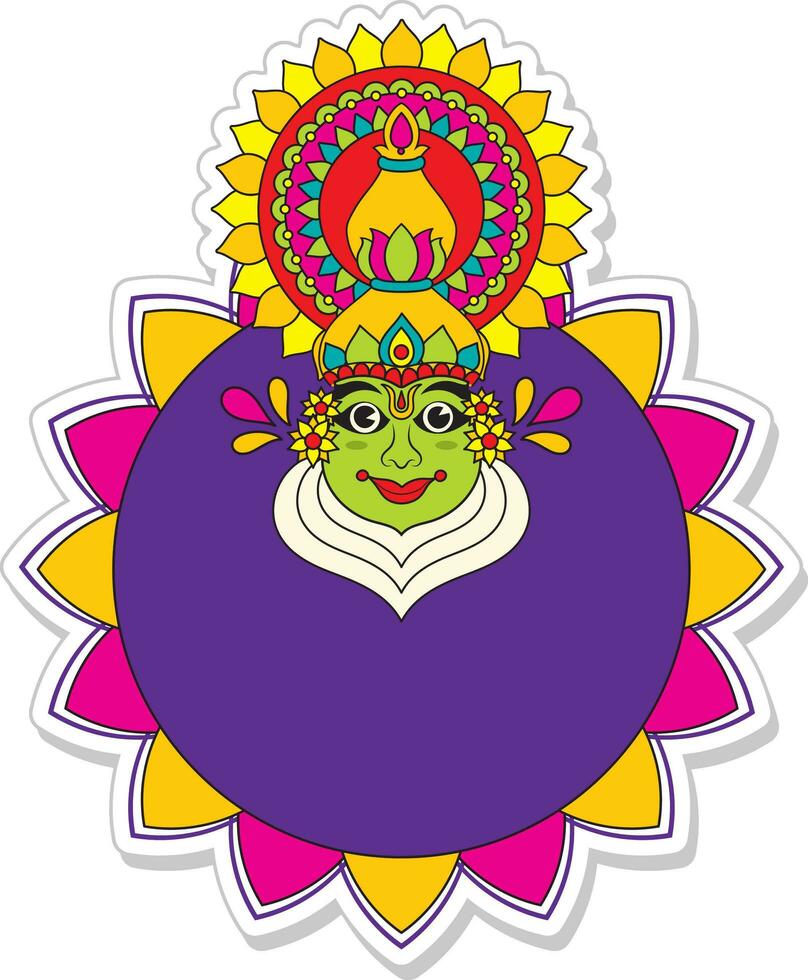 sticker stijl Kathakali danser gezicht met leeg mandala kader Aan wit achtergrond. vector