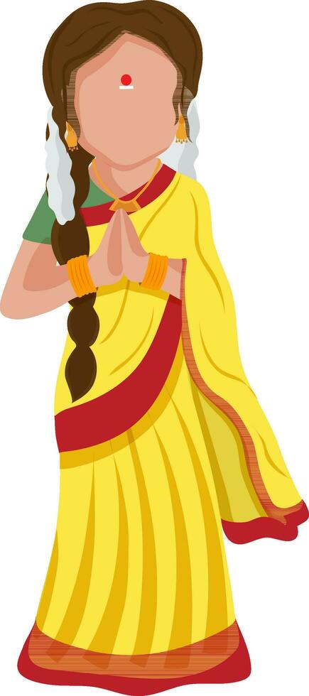 gezichtsloos tekenfilm zuiden Indisch vrouw aan het doen namaste Aan wit achtergrond. vector
